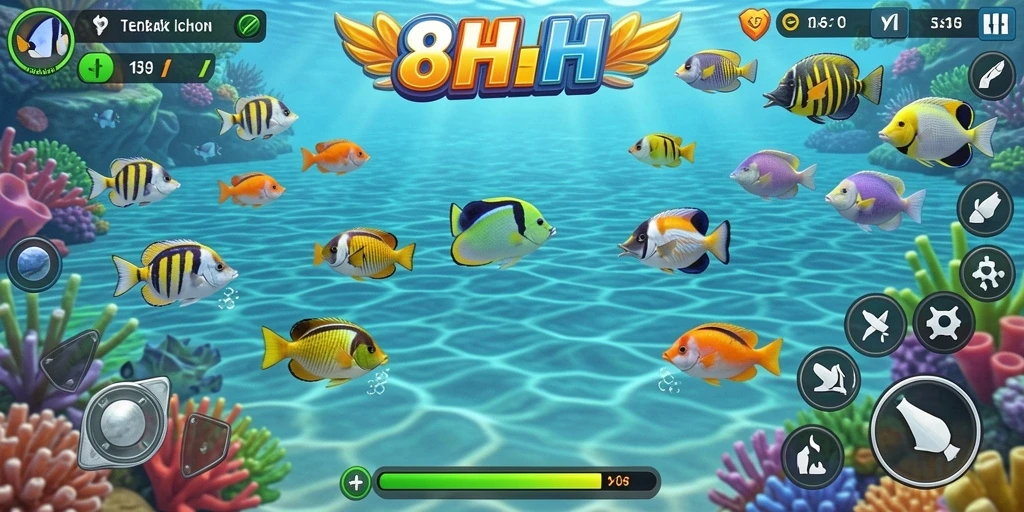 Screenshot gameplay seru dari 8HHH saat menembak ikan dengan cepat.