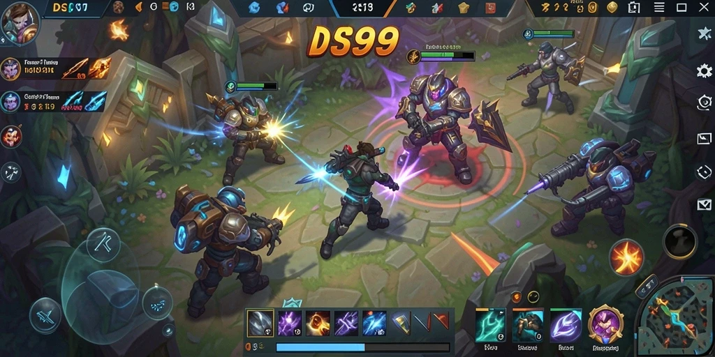 Screenshot gameplay DS99 dengan aksi pertempuran yang mendebarkan.