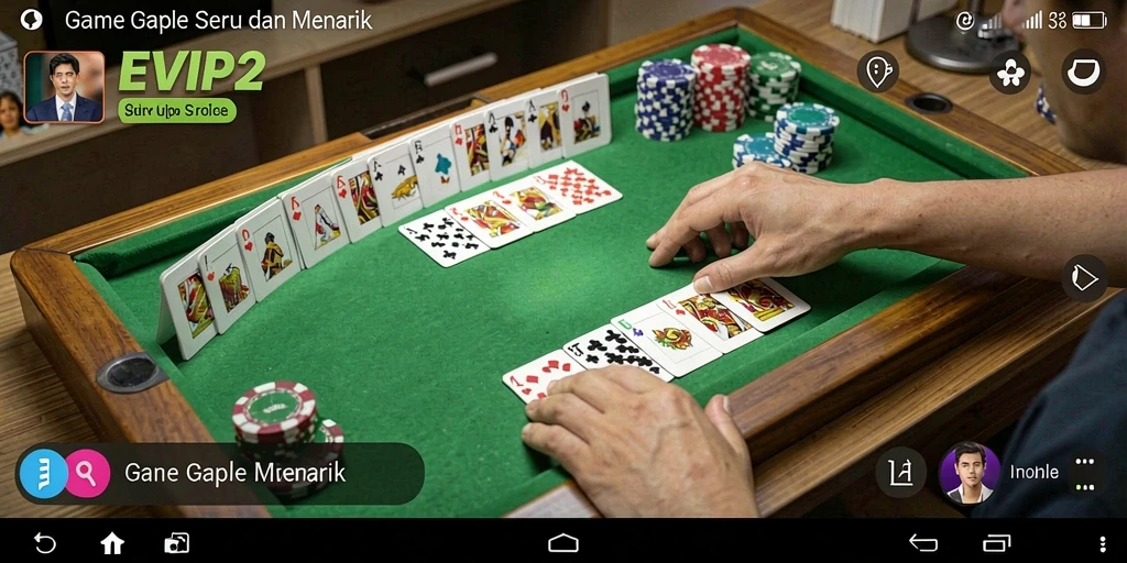 Tampilan screenshot utama EVIP2 yang menunjukkan keseruan gameplay Gaple.