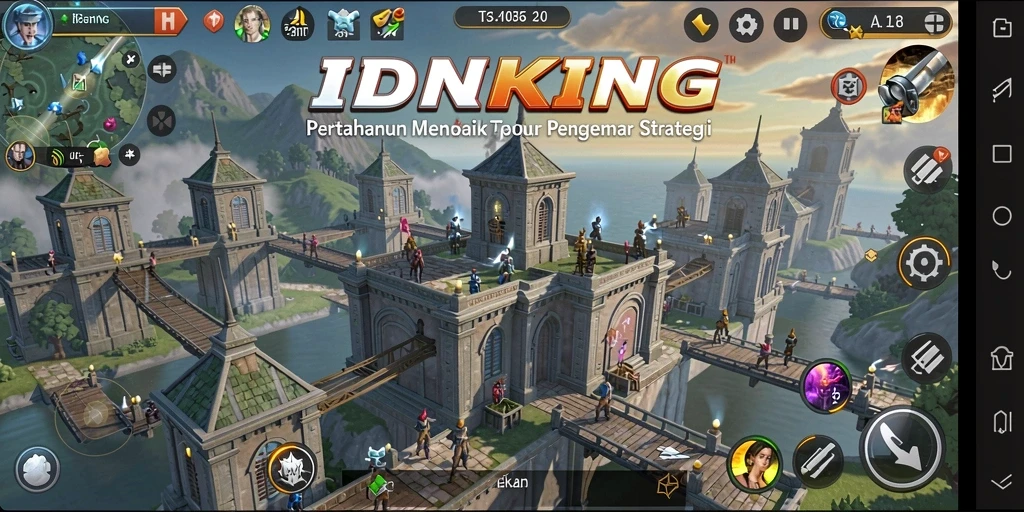 Screenshot permainan IDRKING menampilkan aksi menara melawan musuh di medan perang yang intens.