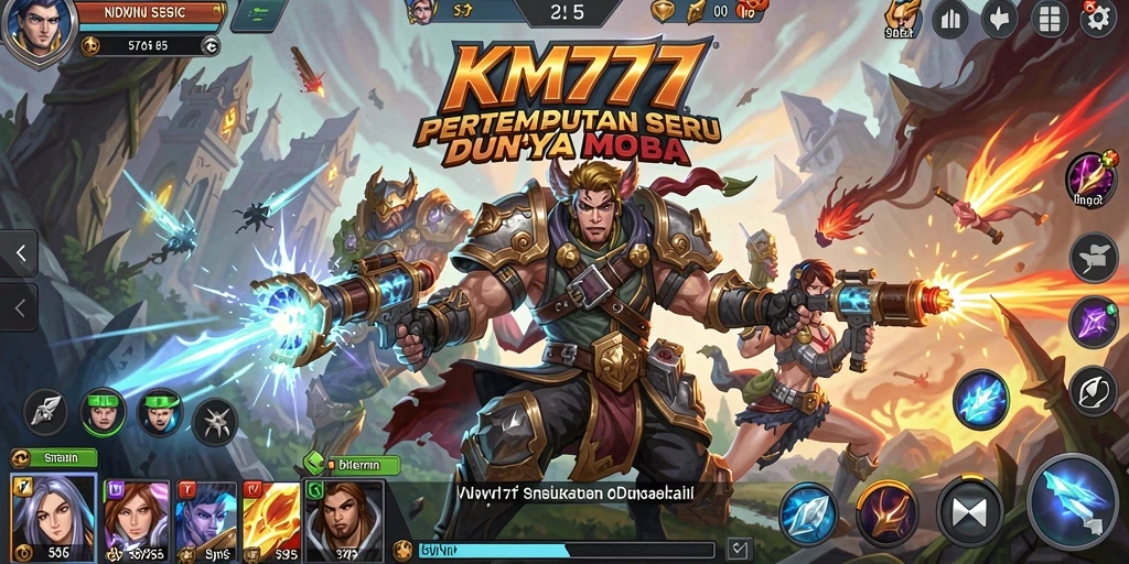 Screenshot menunjukkan gameplay seru dan aksi pertempuran dalam KM777 MOBA.