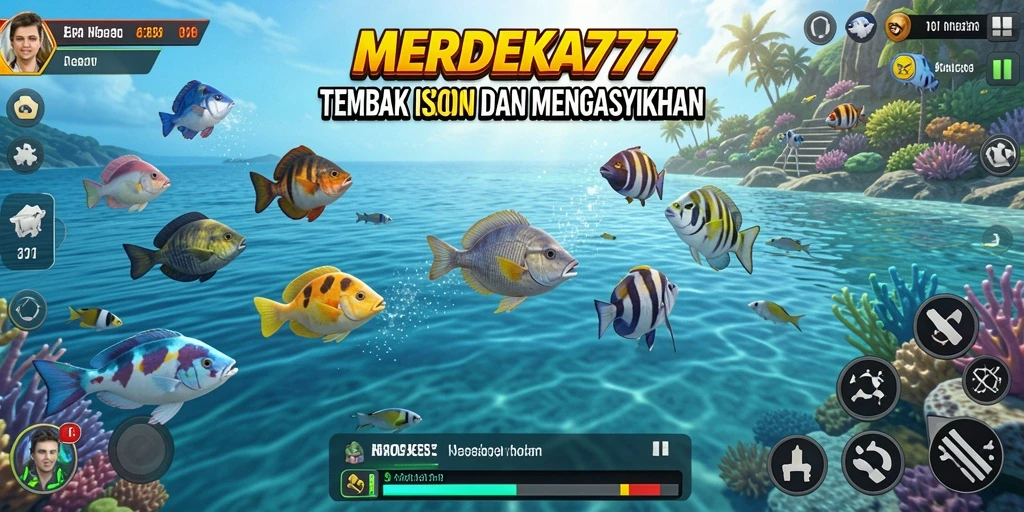 Gameplay seru dari MERDEKA777 saat menangkap ikan dengan warna-warni.