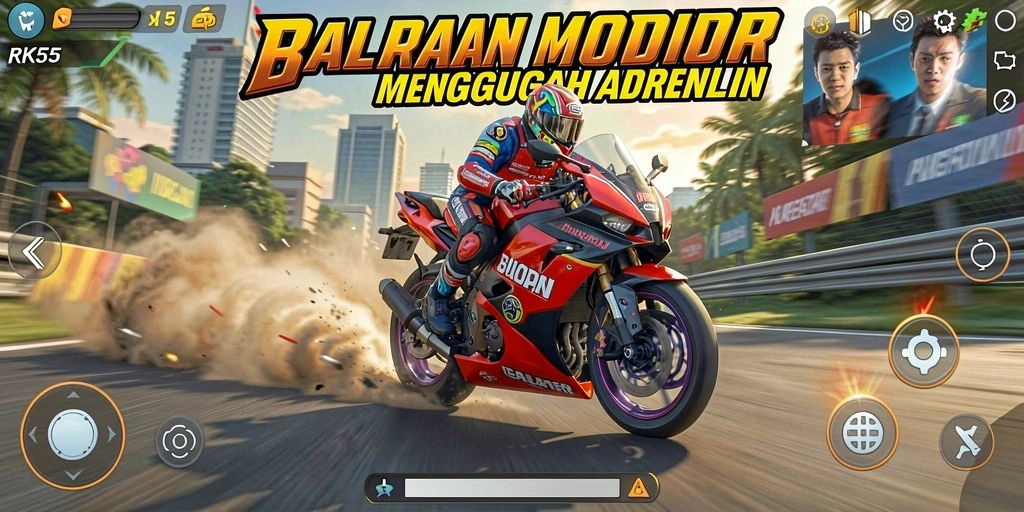 Screenshot gameplay RK55 menampilkan balapan motor yang intens dan penuh aksi.