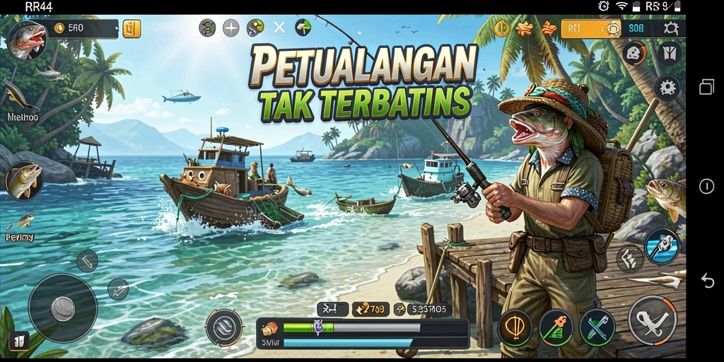Screenshot gameplay RR44 menampilkan aksi memancing yang seru dan menyenangkan.