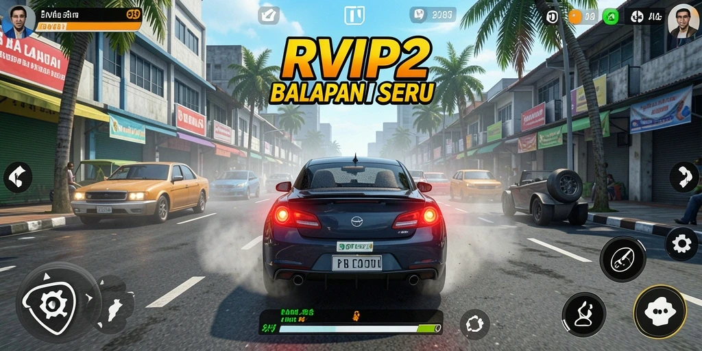 Tampilan gameplay RVIP2 dengan balapan menegangkan dan mobil cepat.