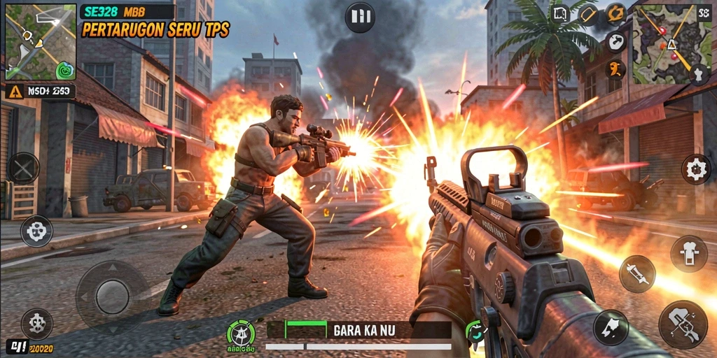 Screenshot gameplay SE328 menampilkan aksi pertempuran yang mendebarkan.